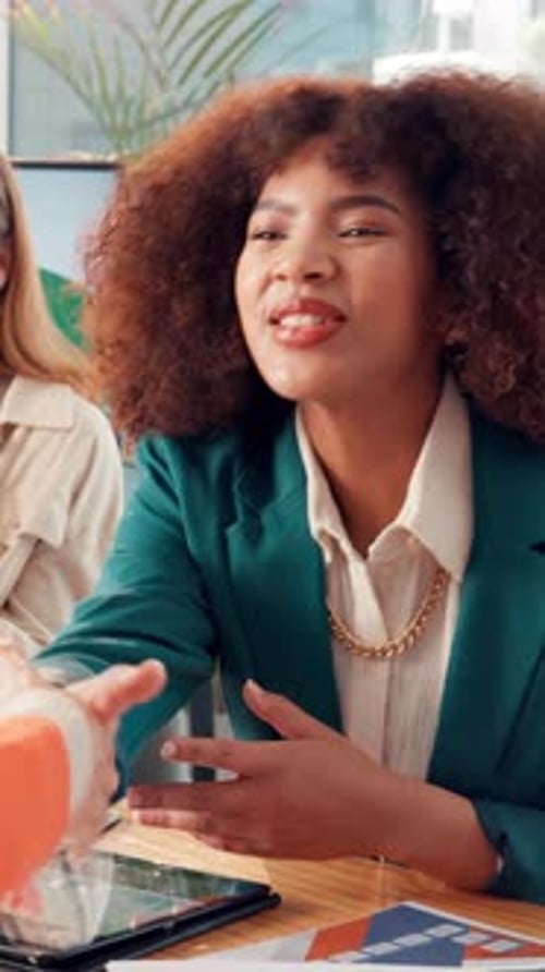 Woman, handshake and applause at startup, office meeting and success for b2b agreement at media