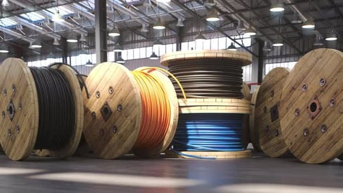 Fiber Optic Internet Cable Spools and Coils in a Warehouse of Cable Factory 3d Animation