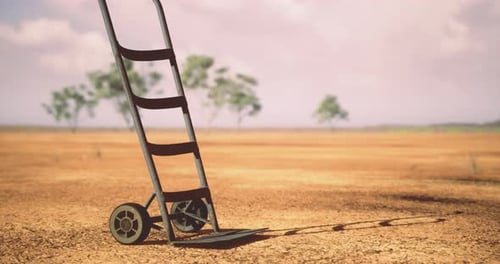 Drought Stricken Field with a Forgotten Tool Stands Under a Midday Sun