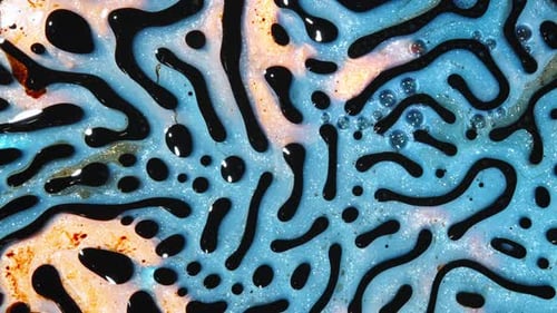 Des liquides colorés se mélangent pour former des motifs complexes, créant des formes abstraites fascinantes en très gros plan