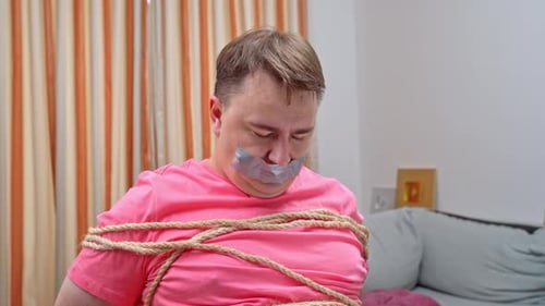 Bound man with mouth taped shut focuses thoughts, breaks ropes, frees himself