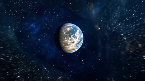 Voyagez à travers une nébuleuse spatiale abstraite jusqu'à la grande étoile bleue et à la planète