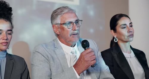 People, panel and stage with mic at summit for global networking, discussion and public speaking