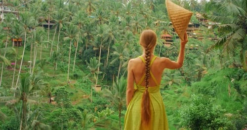 Woman enjoying scenic view of rice terraces and palm covered hillside in Bali