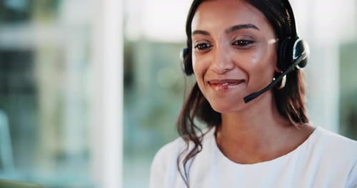 Businesswoman, headset or wave in office for video call, online consultation or meeting welcome