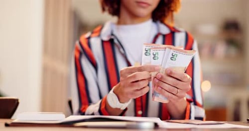 Woman, hands and counting money with cash for finance, planning bills or expenses at home