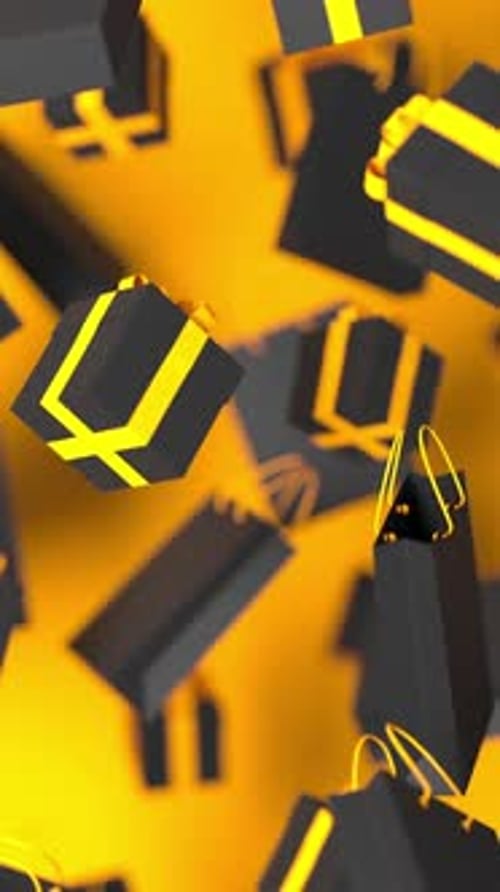 Rotating Black Gift Boxes with Yellow Ribbons and Shopping Bags on Yellow Background for Black