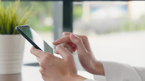 Happy Female Lifestyle Sitting in Cafe Near Window She Cellphone on Mobile Phone