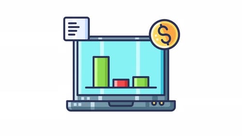Laptop displays chart, dollar coin, and documents looping animation | Alpha Channel