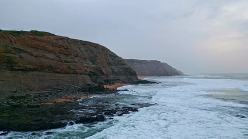 Drone View Ocean Thunder Sky Scenery White Foaming Sea Waves Breaking Coastline