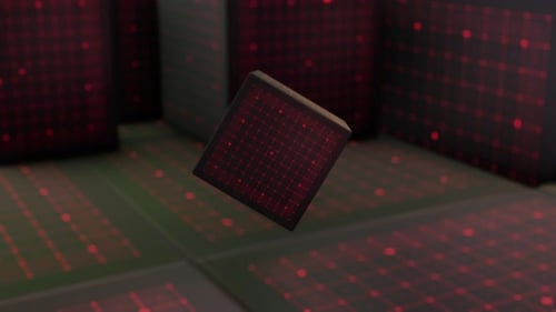Futuristic Rotating Digital Cube with Glowing Red Grid