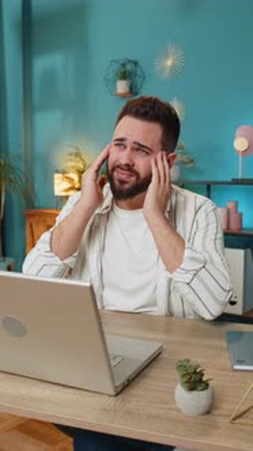 Tired Ill Businessman Suffering From Headache Problem Tension and Migraine Stress at Home Office