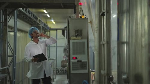 Man Inspects Equipment in Manufacturing Plant