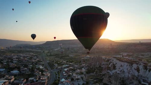 Air Balloon With Tourists Close Up View. Balloon Flies With People
