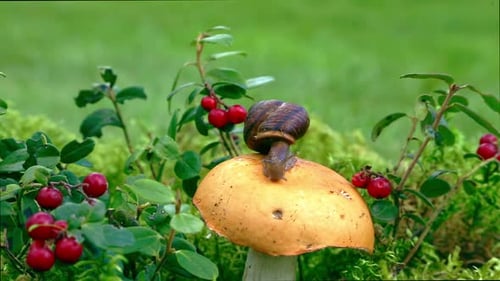 Escargot sur un champignon jaune avec des baies rouges à proximité