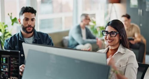 People, high five and computer with coding success for software development