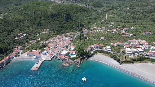 Aerial video from a high view of the small town of Kyparissi, Greece