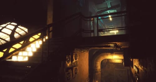 Dark Futuristic Industrial Corridor Walkthrough with Dynamic Lighting