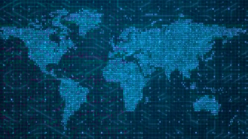 Looping Digital World Map of Binary Code and Numbers on Futuristic Global Network Background