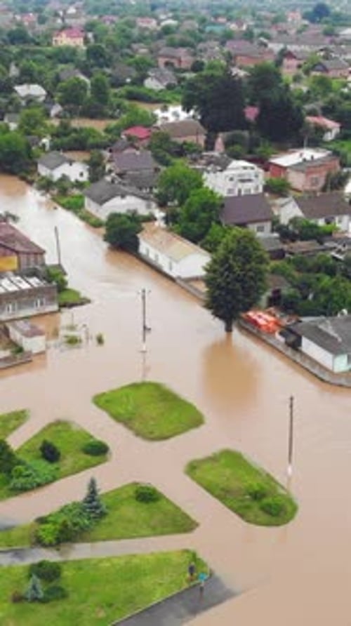 Aerial View From Above on the Flooded Houses and the City Flood After Floods From the Mountains The