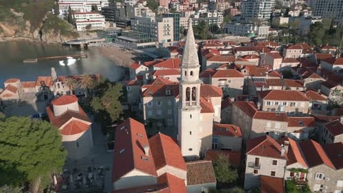 The old town of Budva shot from a drone. The best sights of Montenegro.