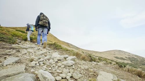 Hikers Trek up Grassy, Rocky Mountain Path