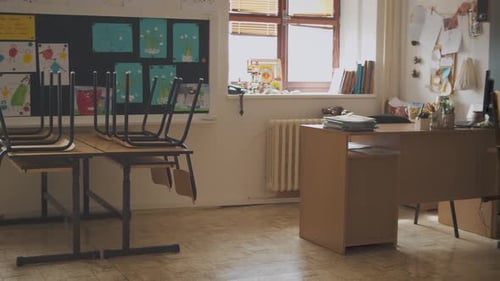 Empty school classroom during a covid pandemic. Camera slow pan across classroom.