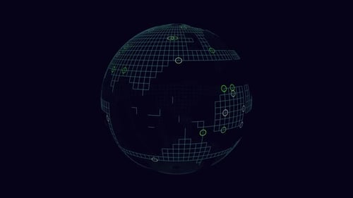 Globo dinámico con líneas de cuadrícula y círculos sobre fondo oscuro