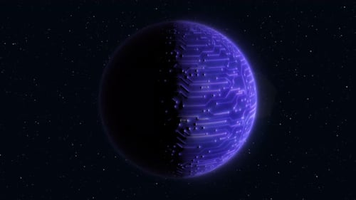 Abstrakter geschlungener, sich drehender Planet, lila, leuchtende Hightech-Kugel im Weltraum vor dem Hintergrund