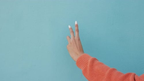 Hand of woman, countdown with math finger and blue mockup copy space background