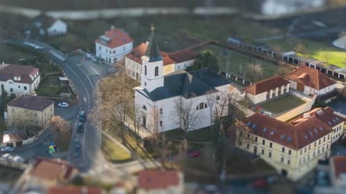 Aerial view of the St. Fabian and Sebastian church and its' neighborhood in Prague. Toylike houses w