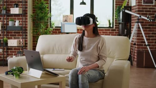 Woman Using Virtual Reality Headset in Modern Apartment