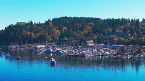Marina et front de mer de Cowichan Bay en automne, île de Vancouver