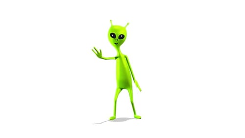 Green Alien Character Waving and Looking Around 3D Animation