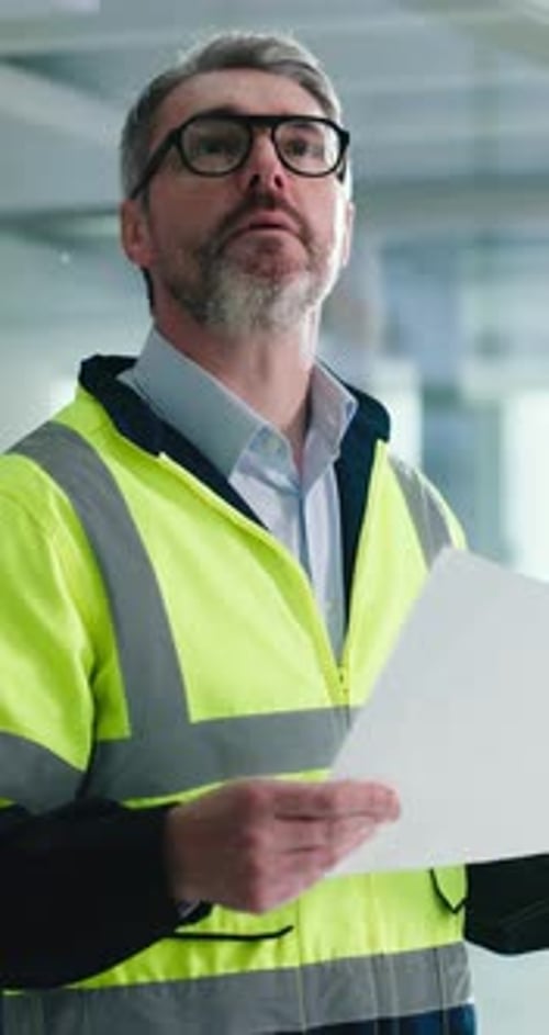 Architect, man or blueprint with building inspection for office renovation