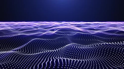 Energy field of abstract white and blue waves made of glowing particles on a dark background