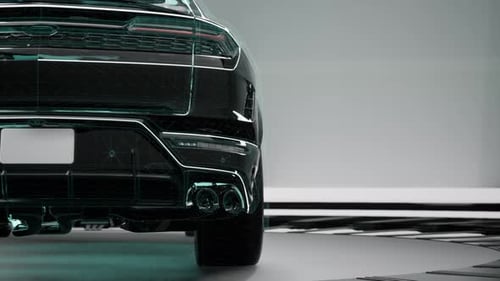Hochwertige Fahrzeugheckansicht mit digitalem Wireframe-Overlay und Auspuff