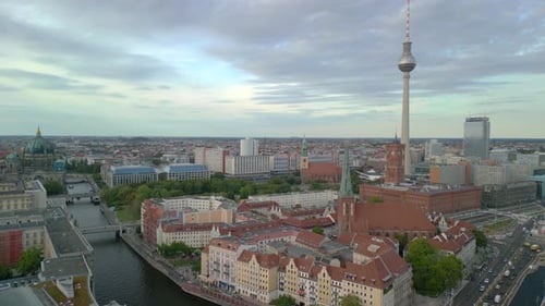 tv tower at alexander place. Breathtaking aerial view flight of skyline Berlin city center at summer