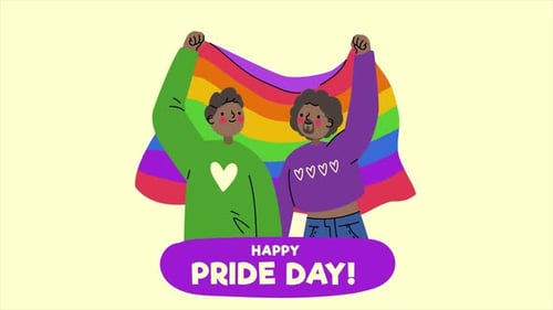 Happy Pride Day Celebration with Illustrated Characters and Rainbow Flag