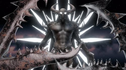 Dark 3D Animated Alien Creature with Spiky Horns and Glowing Eyes