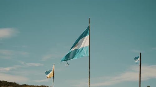Flags Of Argentina And Tierra del Fuego Waving With The Wind In Patagonia. slow motion