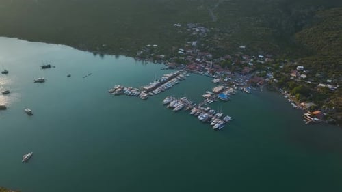 Aerial View Quaint Village By the Sea With Yachts and Sailboats Along the Waterfront