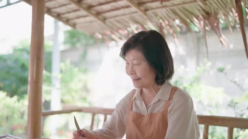 Close-up of Asian senior woman preparing traditional Thai food for family, using knife to peel small