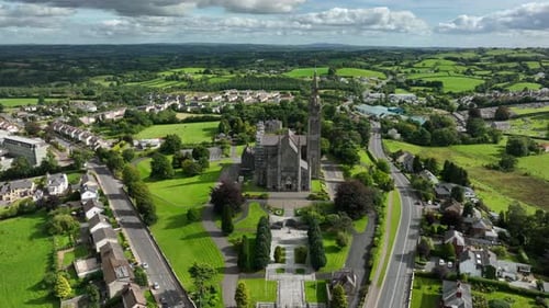 St. Cathedral, County Monaghan, Ireland, September 2022. Drone orbits clockwise while descending tow