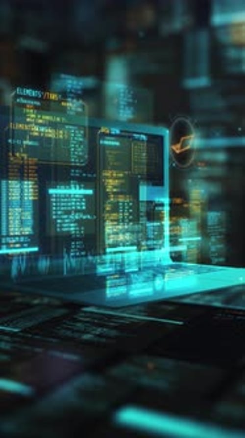 Animation of a Laptop with Code in Virtual Space