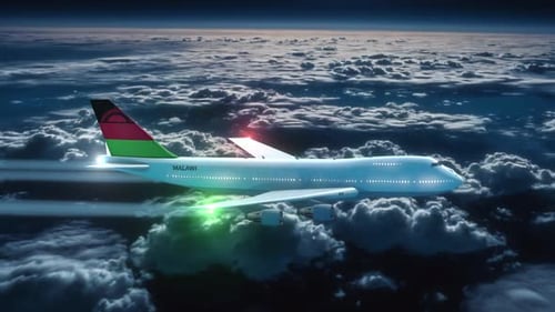 Commercial Airliner Passanger Plane Jumbo Jet Flying At Night Over Clouds With Country Flag Malawi