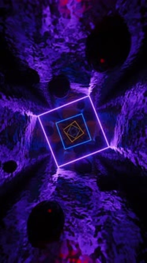 Quadratischer Tunnel mit Neonquadraten und schwarzen Kugeln. Animation in einer Schleife