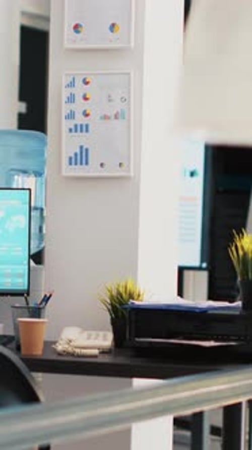 Vertical Video PC Screen in Company Office Showing Trading Platform and Pie Charts Graphs