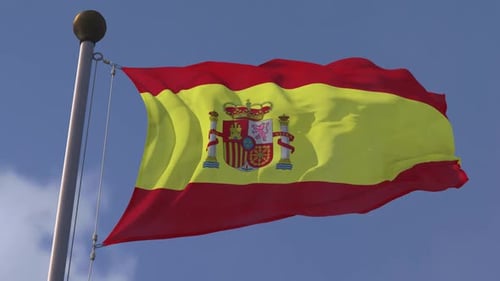 Realistic Waving Flag of Spain on Blue Sky Background