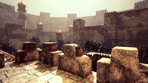 Exploring Ancient Architecture in a Sunlit Courtyard with Palm Trees